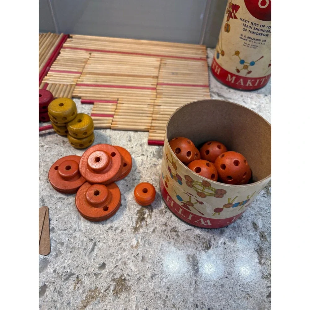 Vintage Makit Toy Jumbo Makit Wooden Building Set‎ w/ Canister